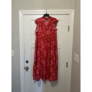 Shein Pink Red Floral Flutter Sleeve V-Neck Maxi Dress Ruffle Modest Size 1XL